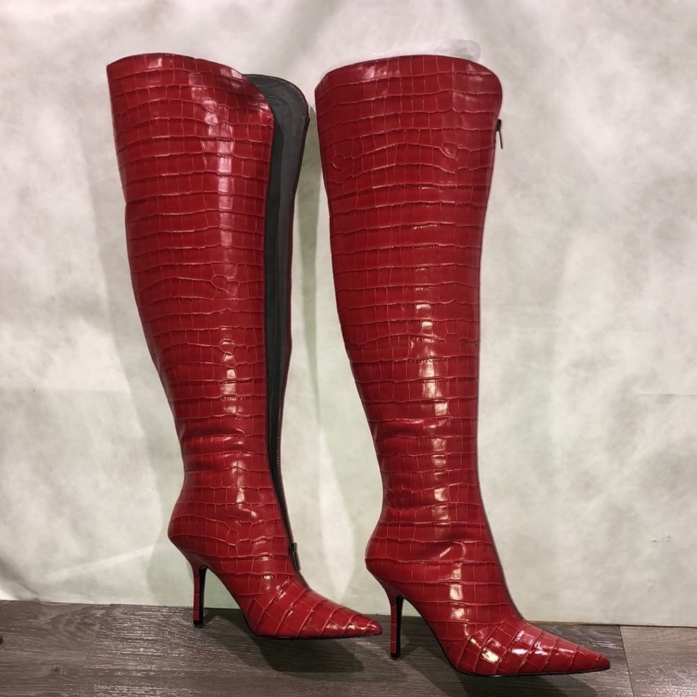 Vince Camuto Red Over the Knee Boots Croc with Stiletto Heel Front Zip New NWOB